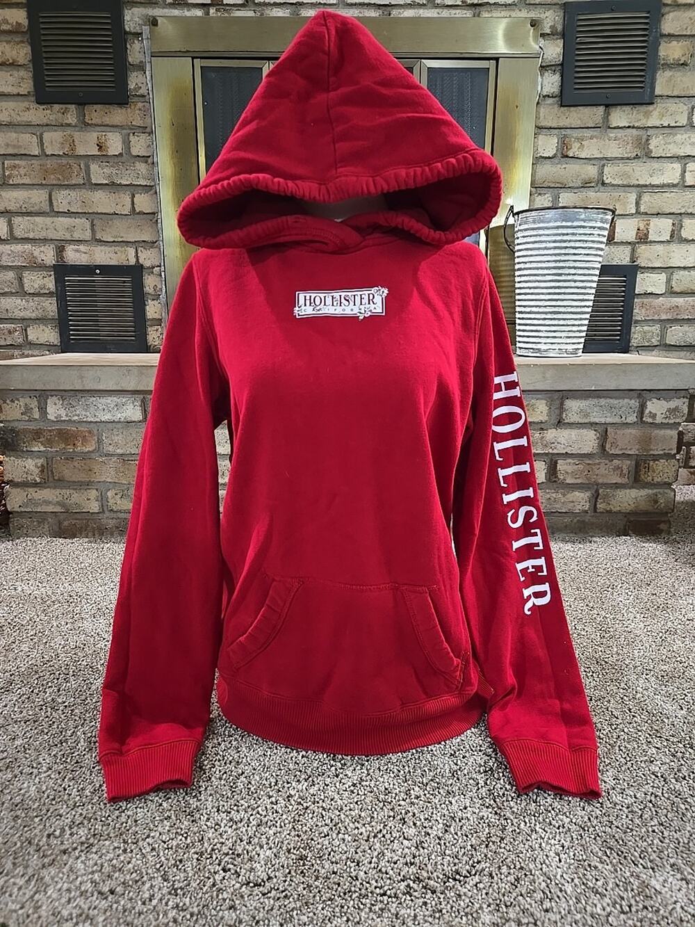 Hollister California Red Floral Logo Hoodie Sweatshirt Womens Sz Med Surfercore